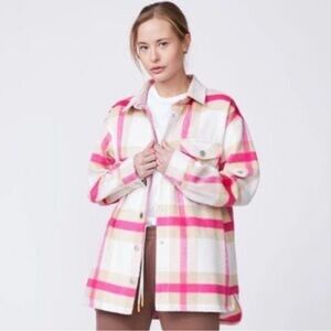 Monrow Vibrant Pink and Cream Checkered Utility Jacket